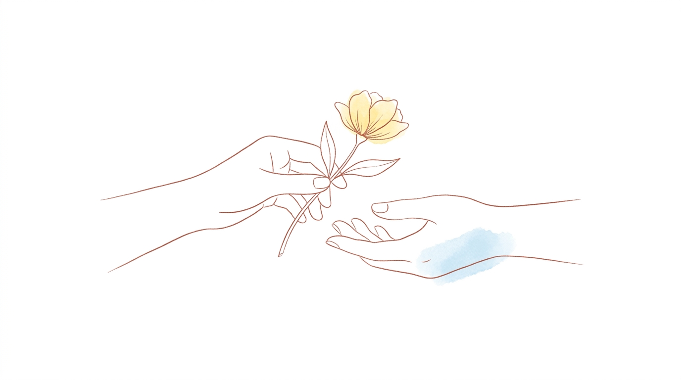 手から手へ小さな花を渡すイラスト
